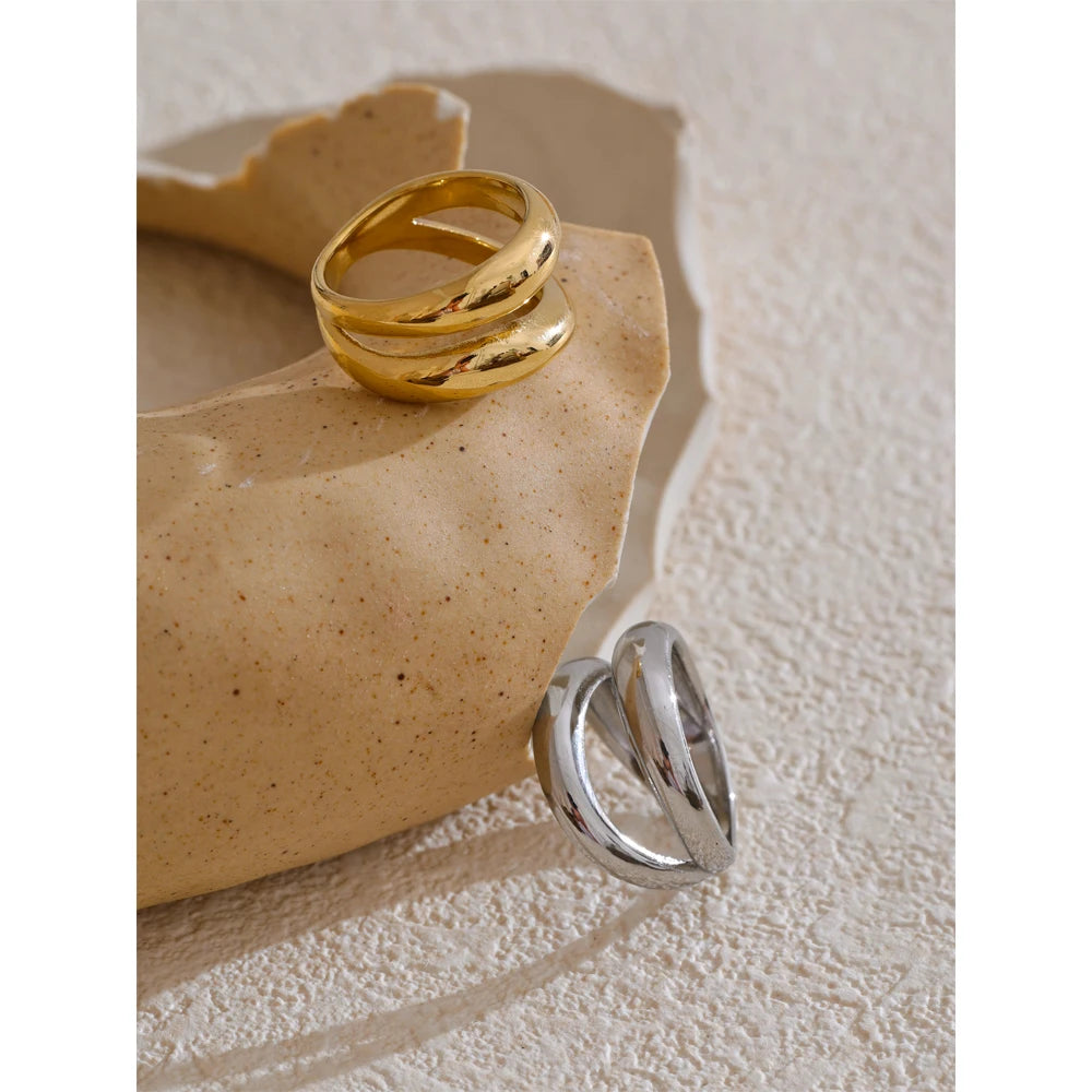 Yhpup 6789# Stainless Steel Metal Double Layer Geometric Cast High Quality Ring Water Resistant Texture Fashion Daily Jewelry