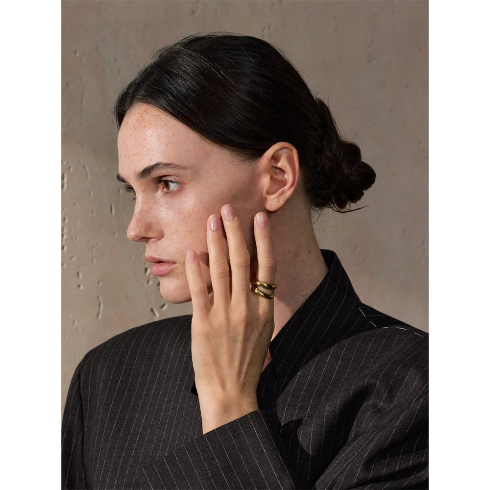 Yhpup 6789# Stainless Steel Metal Double Layer Geometric Cast High Quality Ring Water Resistant Texture Fashion Daily Jewelry